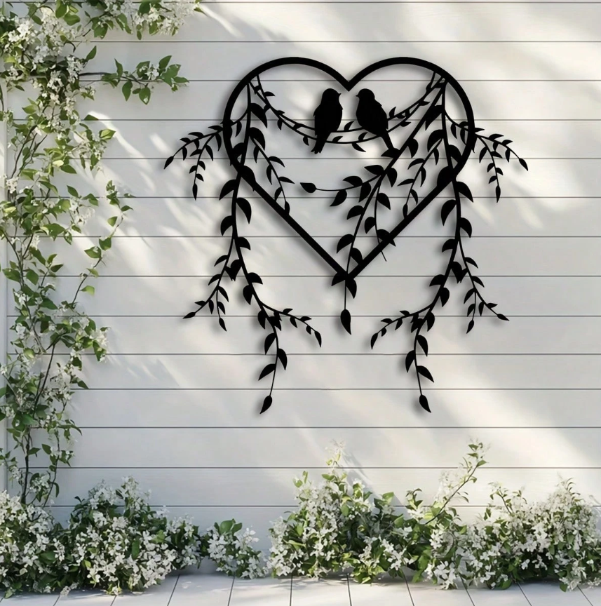 Elegant Black Bird & Ivy Metal Wall Art - Heart Shaped Branch Decor for Indoor Outdoor Home & Garden Gift