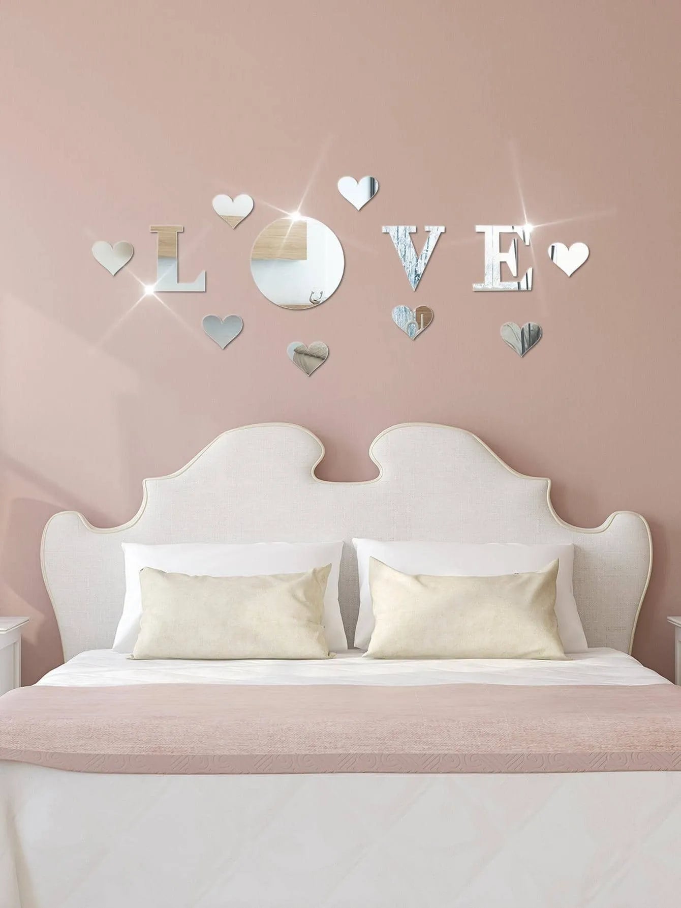 12-Piece LOVE Acrylic Mirror Wall Sticker Set Self-Adhesive Removable DIY Romantic Home Decor Silver Mirror Wall Art for Room Bathroom Living Room