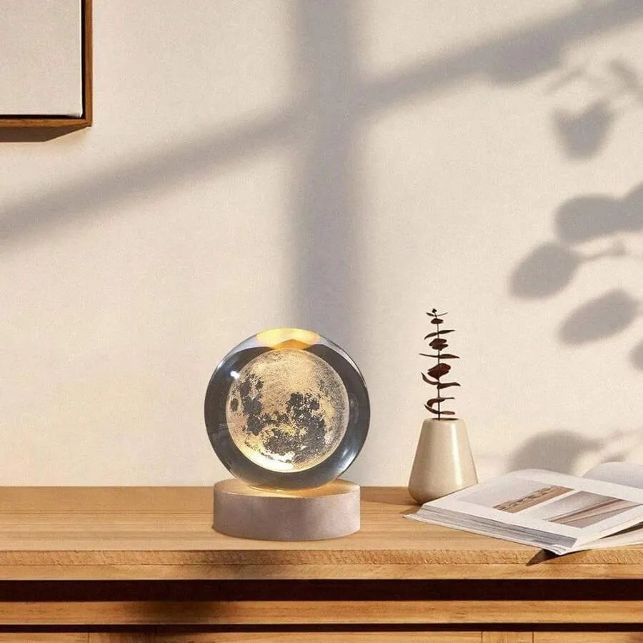 3D Moon Crystal Ball Lamp with LED Base Cosmic Orb Night Light Galaxy Planet Home Bedroom Office Decoration Birthday Gift