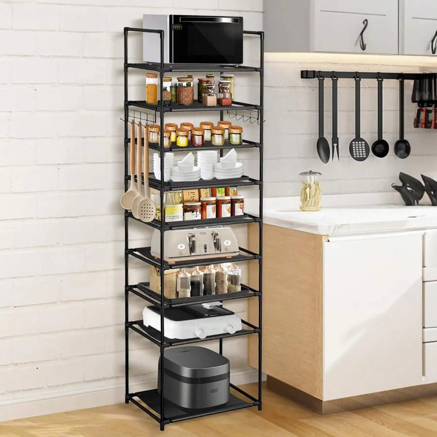10-Tier Adjustable Metal Kitchen Organizer Shelf, Space-Saving Pantry Storage Rack with Hooks for Spices & Cookware (Black)