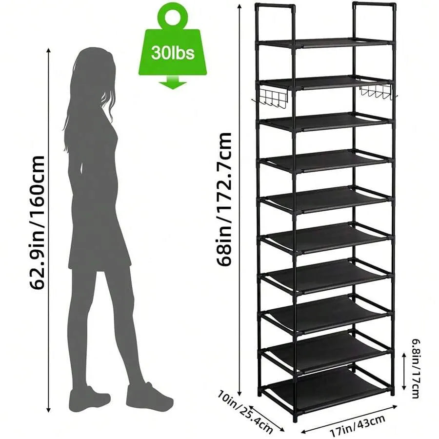 10-Tier Adjustable Metal Kitchen Organizer Shelf, Space-Saving Pantry Storage Rack with Hooks for Spices & Cookware (Black)