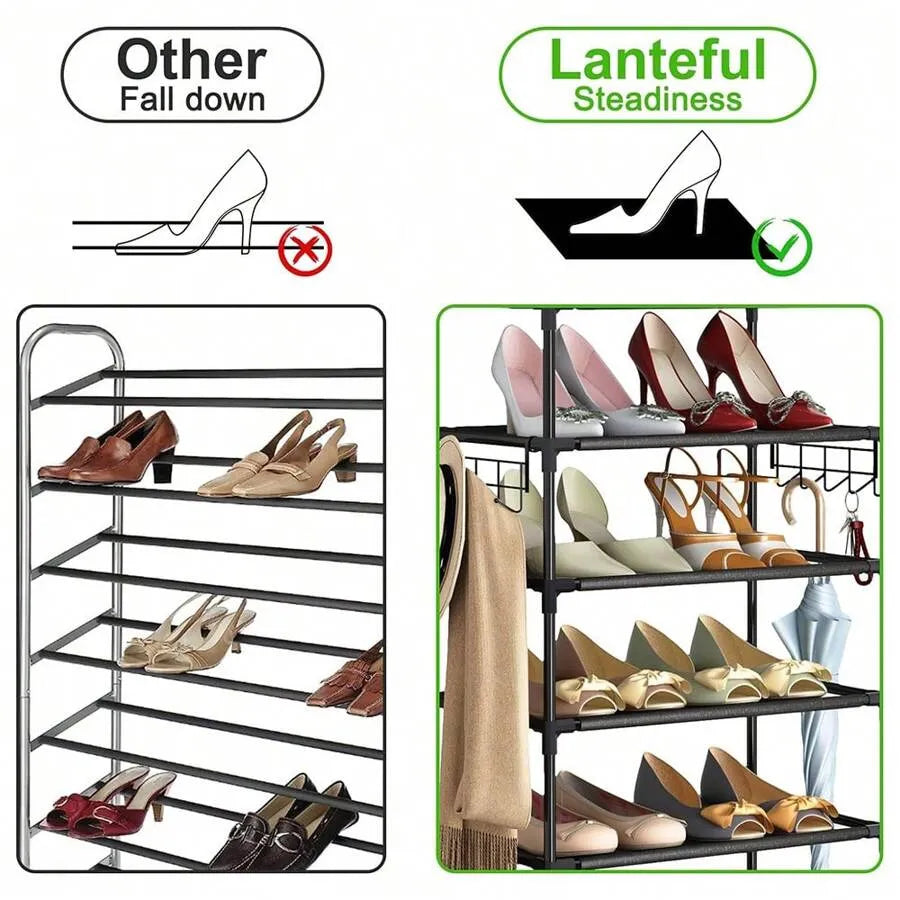 10-Tier Adjustable Metal Kitchen Organizer Shelf, Space-Saving Pantry Storage Rack with Hooks for Spices & Cookware (Black)