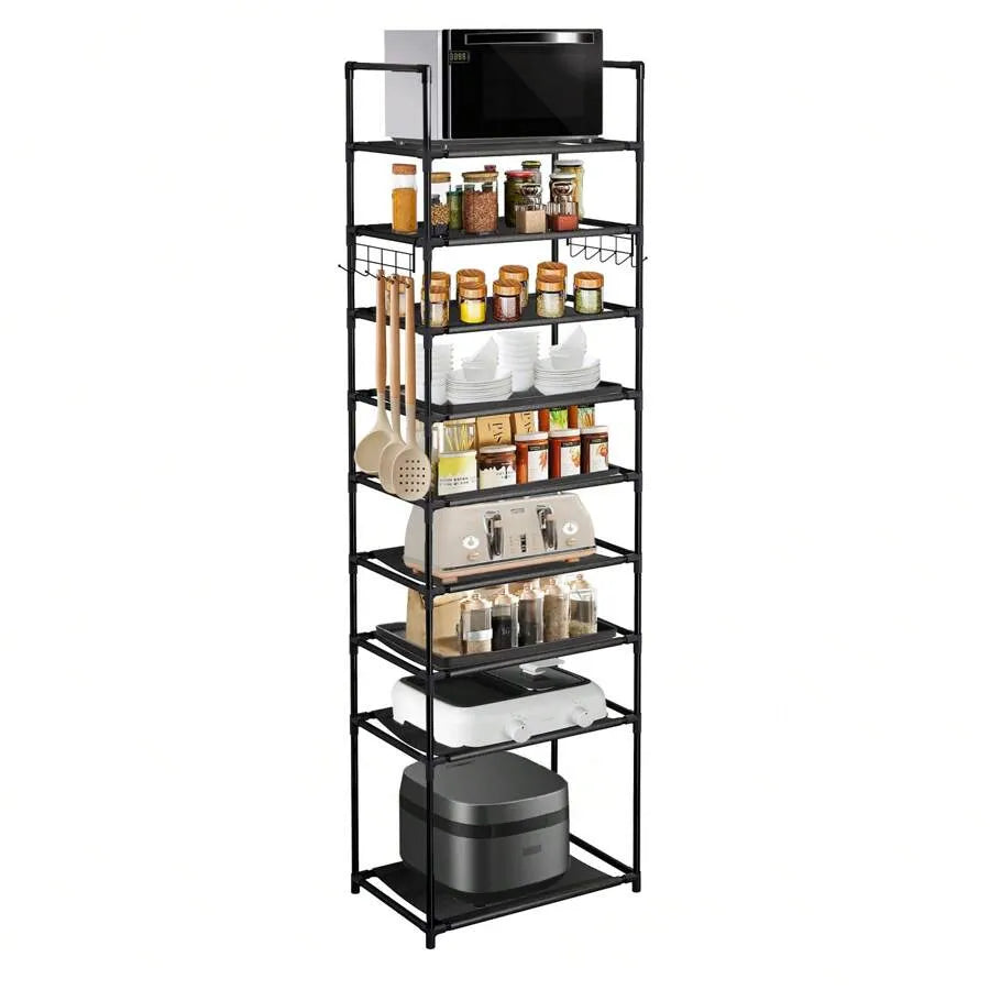 10-Tier Adjustable Metal Kitchen Organizer Shelf, Space-Saving Pantry Storage Rack with Hooks for Spices & Cookware (Black)