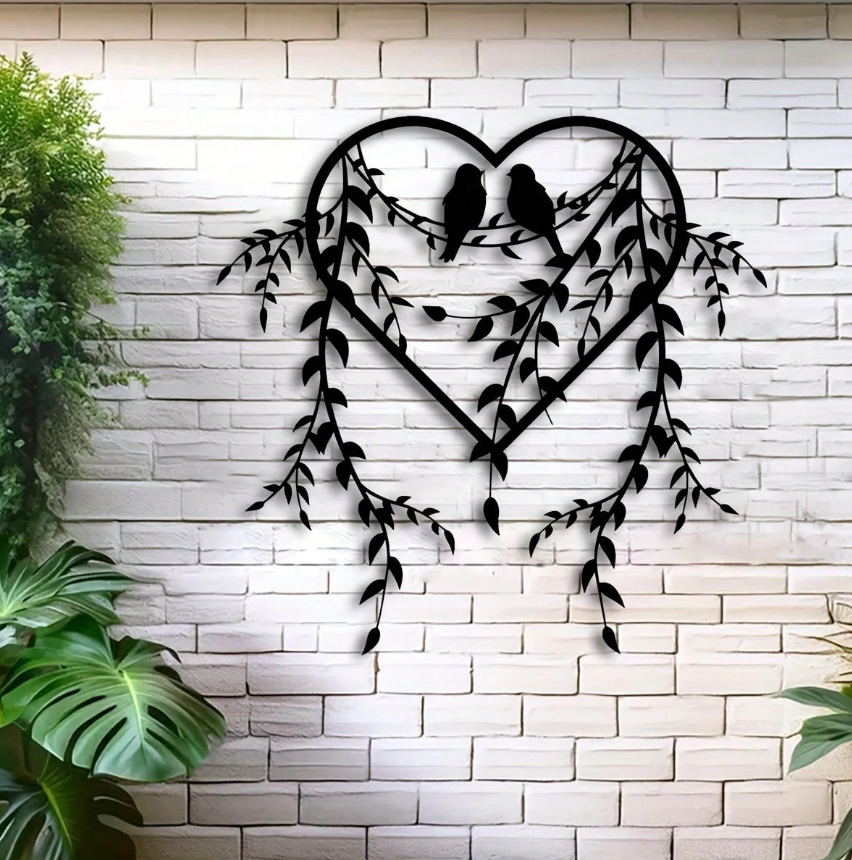 Elegant Black Bird & Ivy Metal Wall Art - Heart Shaped Branch Decor for Indoor Outdoor Home & Garden Gift