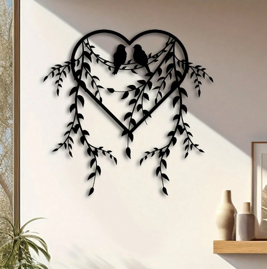 Elegant Black Bird & Ivy Metal Wall Art - Heart Shaped Branch Decor for Indoor Outdoor Home & Garden Gift