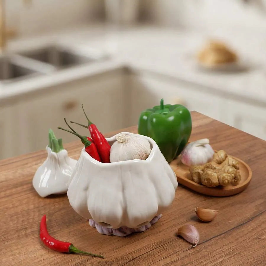 Ceramic Garlic & Onion Keeper Jar with Ventilation - Freshness Preserving Kitchen Storage Container for Countertop, Fridge & Pantry, Elegant Multi-Use Home Decor Gift