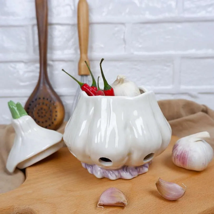 Ceramic Garlic & Onion Keeper Jar with Ventilation - Freshness Preserving Kitchen Storage Container for Countertop, Fridge & Pantry, Elegant Multi-Use Home Decor Gift