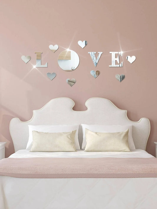 12-Piece LOVE Acrylic Mirror Wall Sticker Set Self-Adhesive Removable DIY Romantic Home Decor Silver Mirror Wall Art for Room Bathroom Living Room