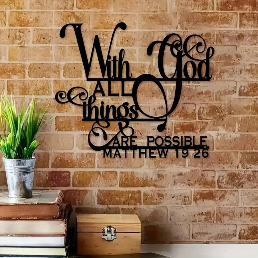 Inspirational "With God All Things Are Possible" Metal Wall Art Matthew 19:26 Bible Verse Home Living Room Patio Garden Balcony Decorative Sculpture Gift