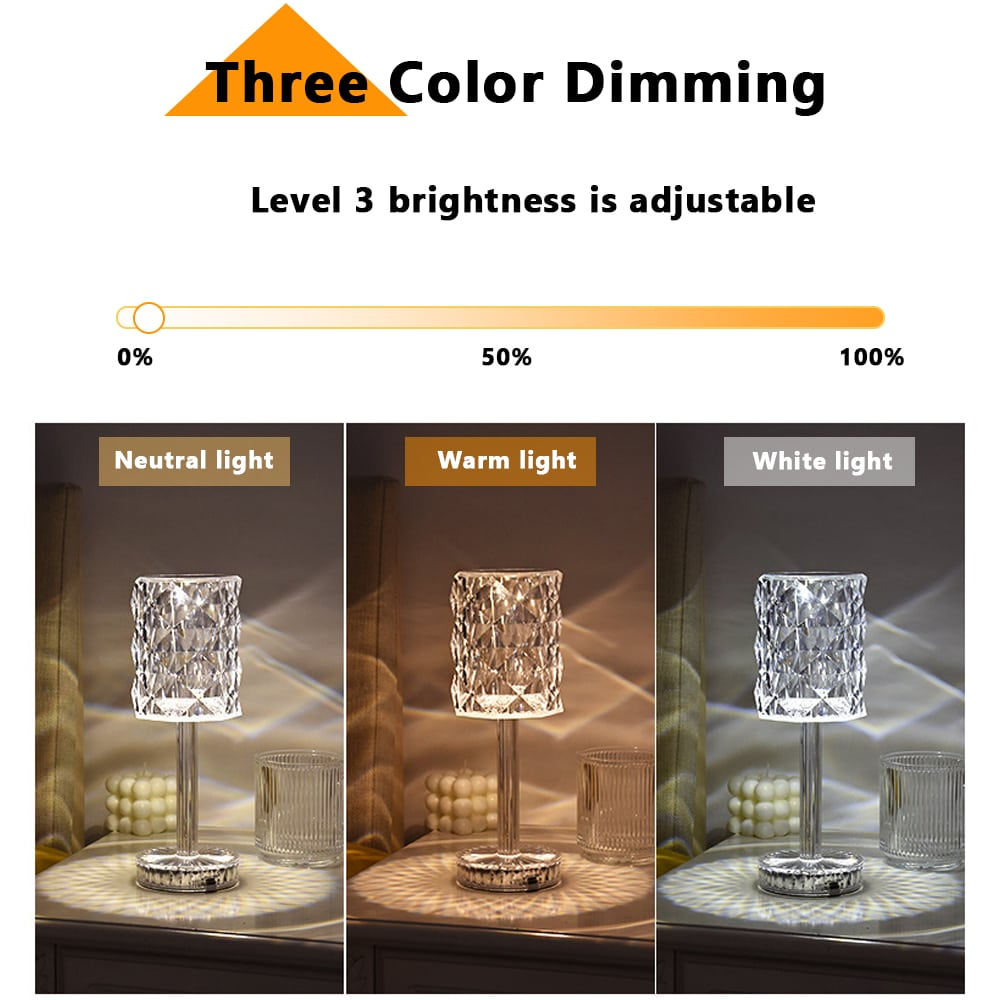 Portable Acrylic Crystal Table Lamp with Touch Control, Cordless Rechargeable LED Night Light, 3-Color