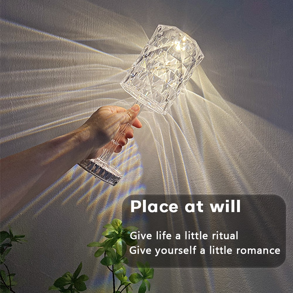 Portable Acrylic Crystal Table Lamp with Touch Control, Cordless Rechargeable LED Night Light, 3-Color