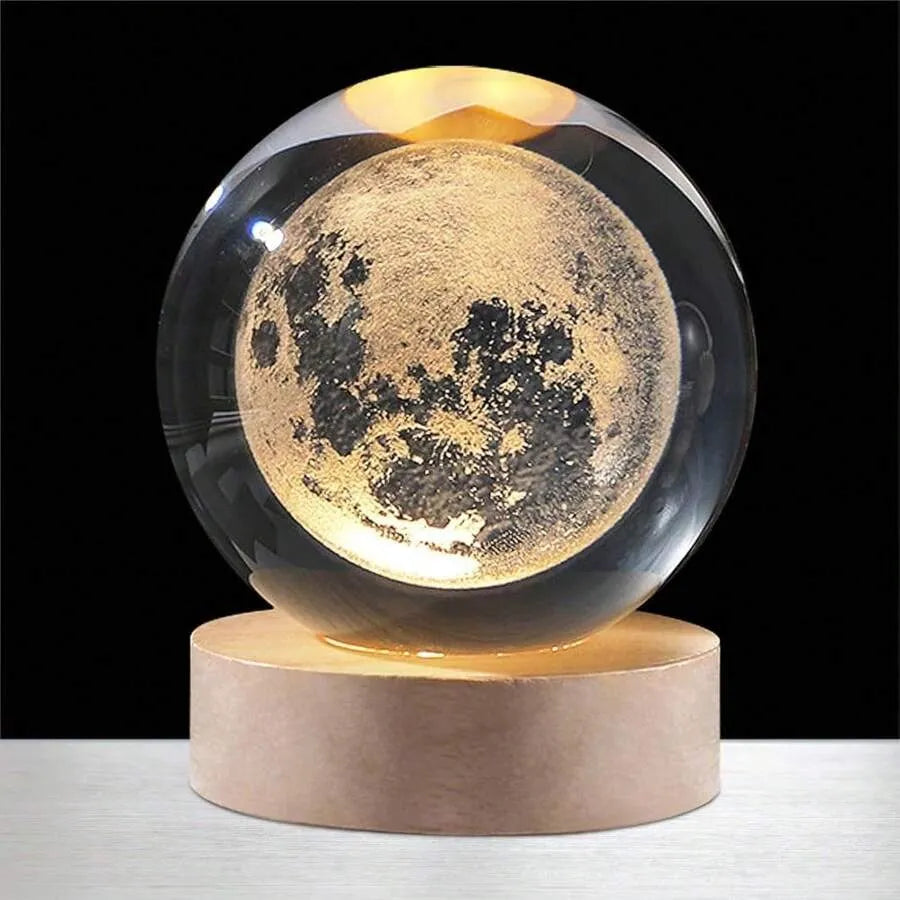 3D Moon Crystal Ball Lamp with LED Base Cosmic Orb Night Light Galaxy Planet Home Bedroom Office Decoration Birthday Gift