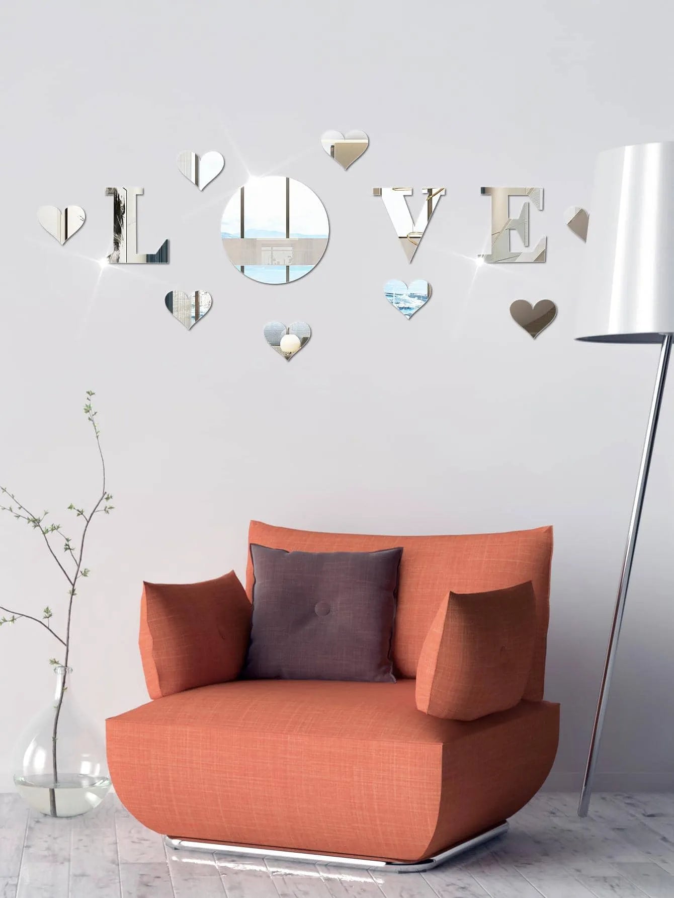 12-Piece LOVE Acrylic Mirror Wall Sticker Set Self-Adhesive Removable DIY Romantic Home Decor Silver Mirror Wall Art for Room Bathroom Living Room