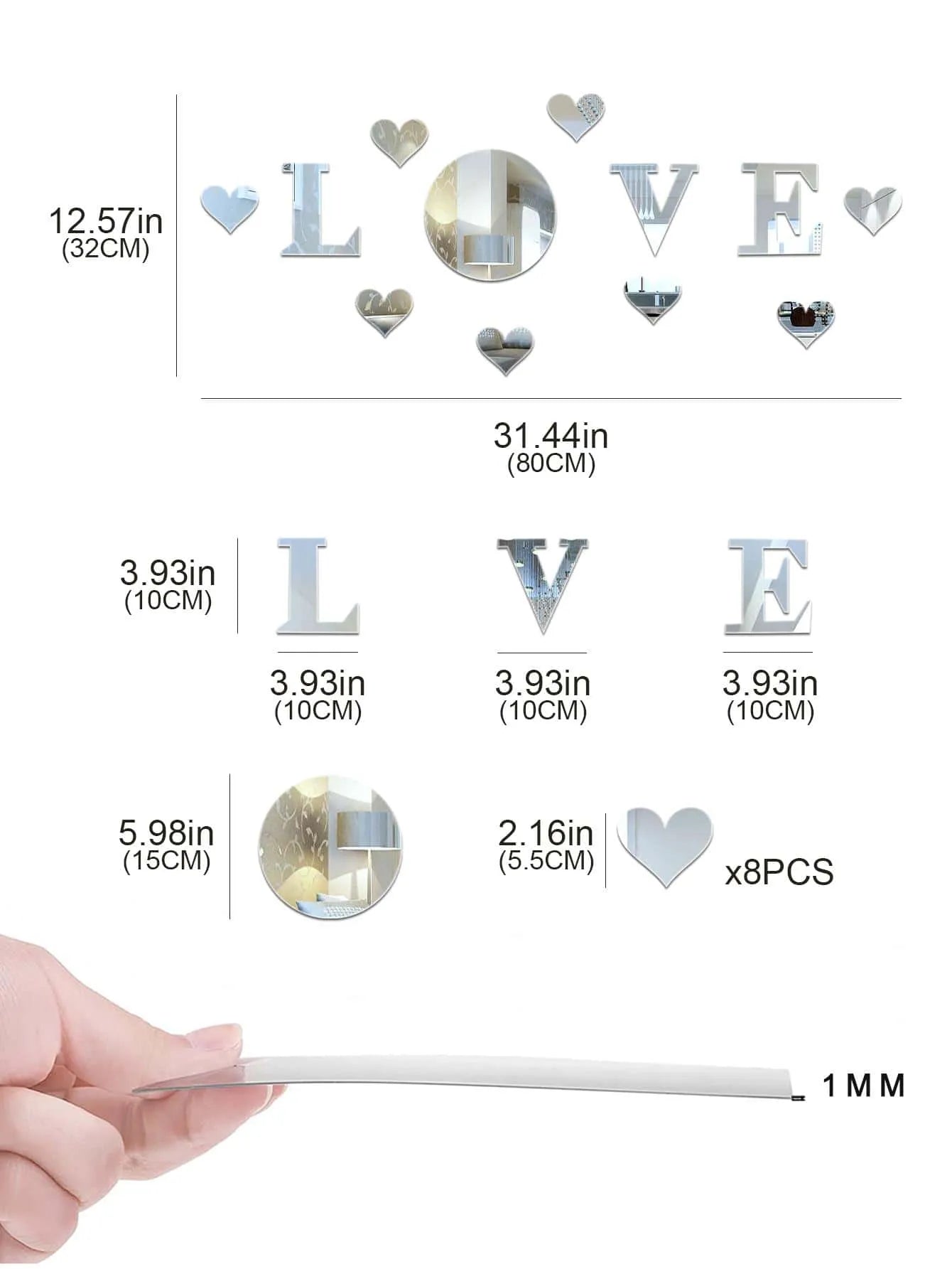 12-Piece LOVE Acrylic Mirror Wall Sticker Set Self-Adhesive Removable DIY Romantic Home Decor Silver Mirror Wall Art for Room Bathroom Living Room