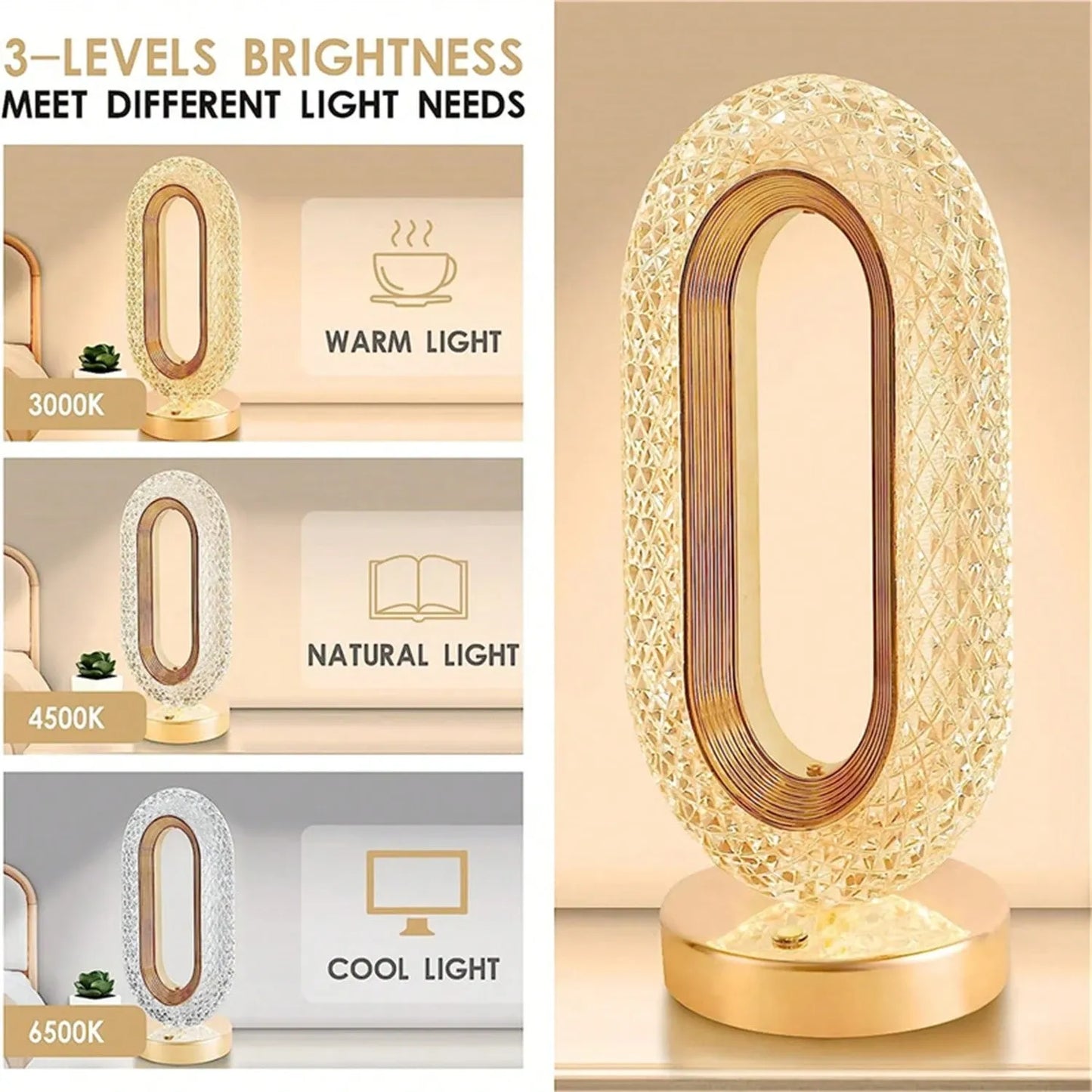 Rechargeable Elliptical Crystal Ambience LED Lamp with 3-Color Change, Touch Dimmer & USB-C Charging