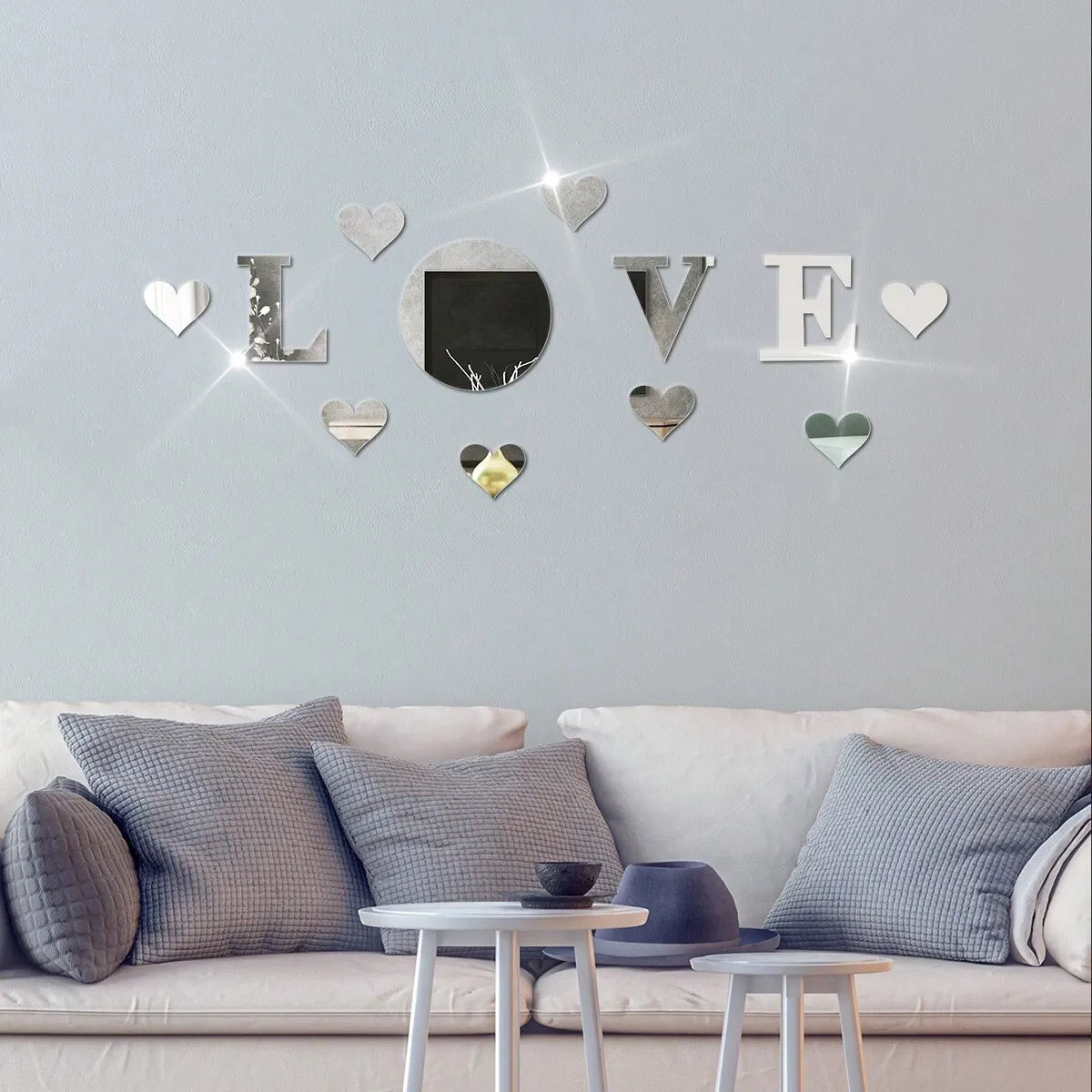 12-Piece LOVE Acrylic Mirror Wall Sticker Set Self-Adhesive Removable DIY Romantic Home Decor Silver Mirror Wall Art for Room Bathroom Living Room