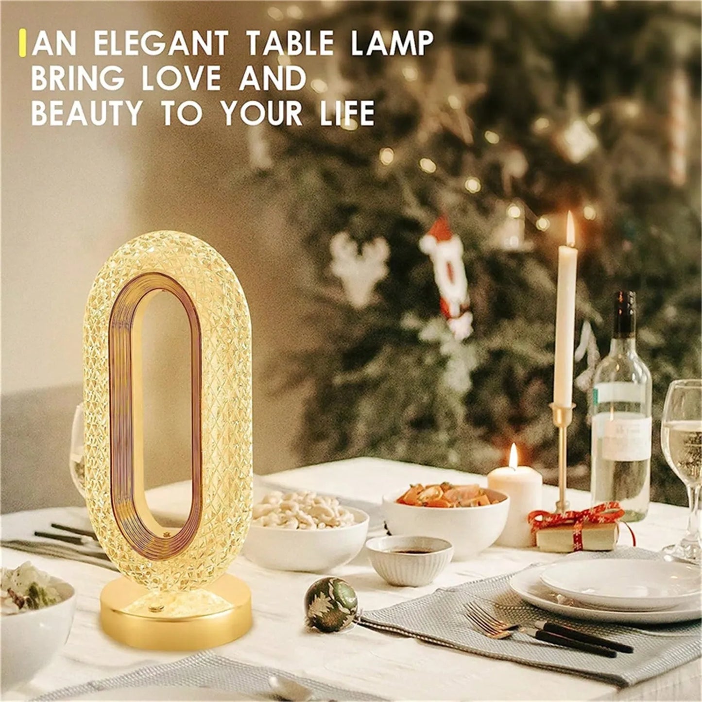 Rechargeable Elliptical Crystal Ambience LED Lamp with 3-Color Change, Touch Dimmer & USB-C Charging