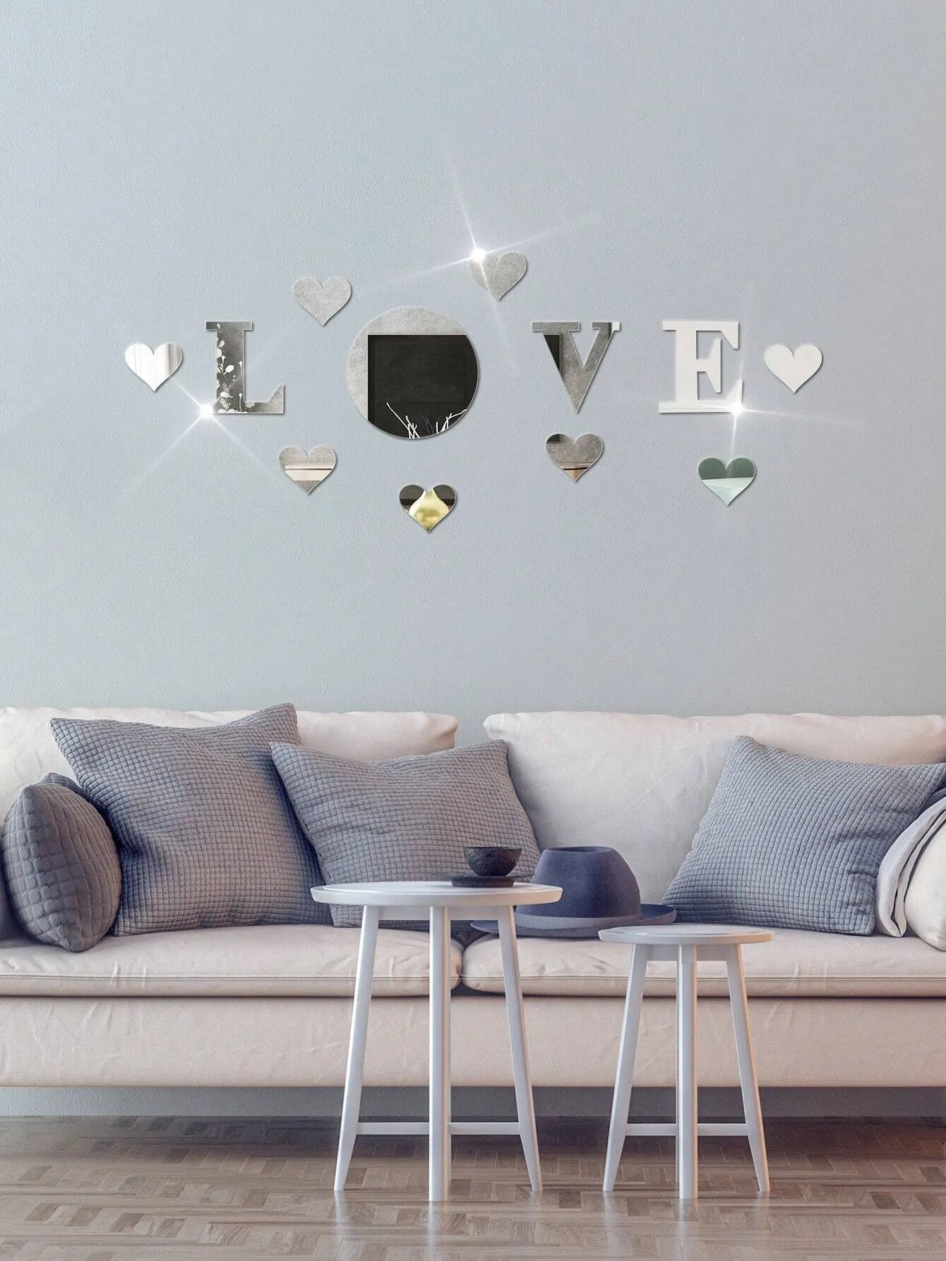 12-Piece LOVE Acrylic Mirror Wall Sticker Set Self-Adhesive Removable DIY Romantic Home Decor Silver Mirror Wall Art for Room Bathroom Living Room