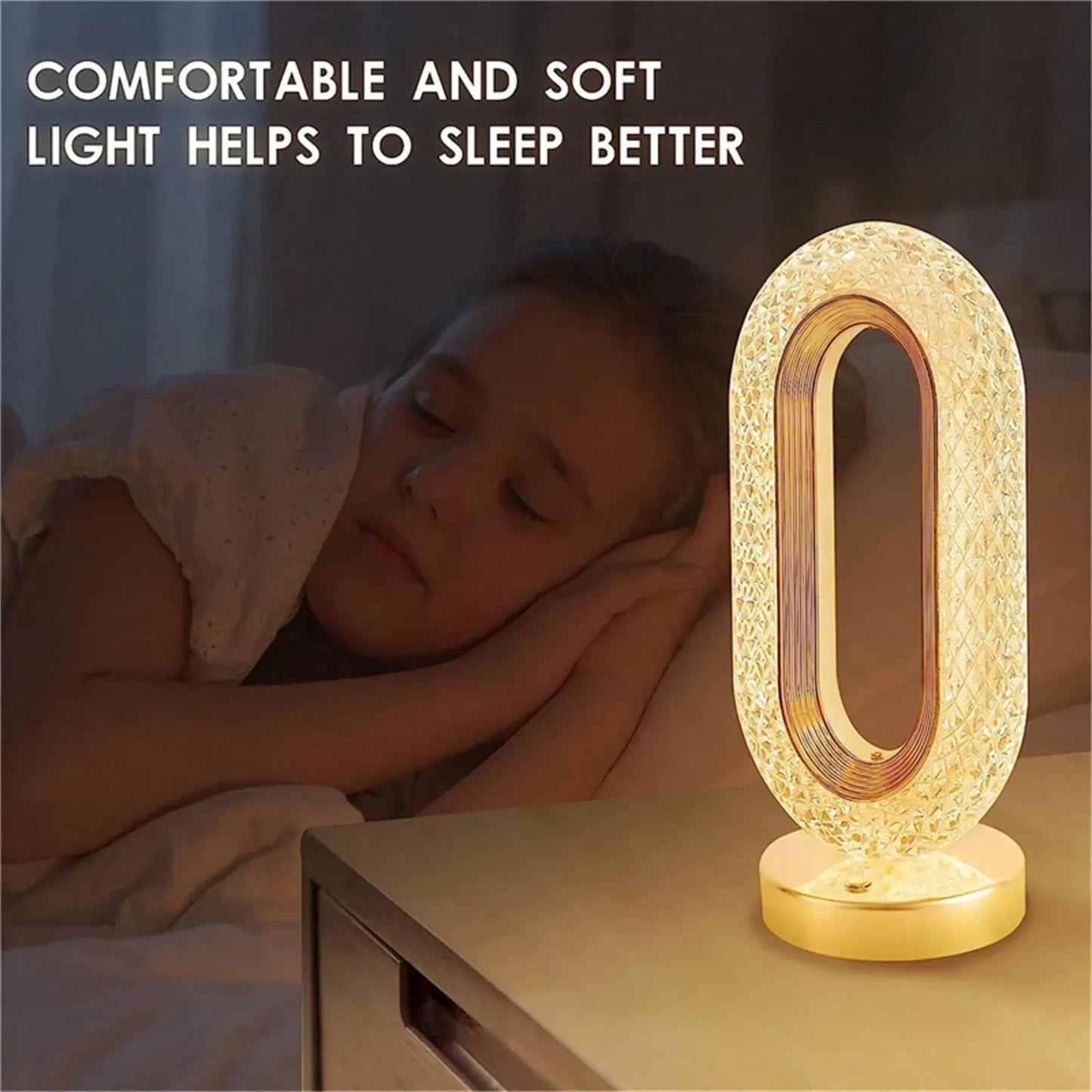 Rechargeable Elliptical Crystal Ambience LED Lamp with 3-Color Change, Touch Dimmer & USB-C Charging