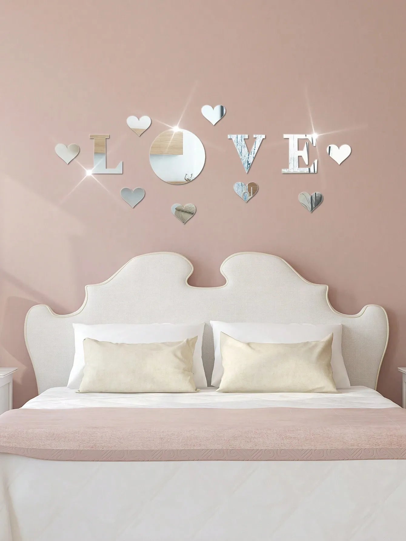 12-Piece LOVE Acrylic Mirror Wall Sticker Set Self-Adhesive Removable DIY Romantic Home Decor Silver Mirror Wall Art for Room Bathroom Living Room