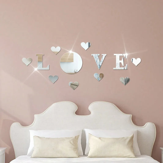 12-Piece LOVE Acrylic Mirror Wall Sticker Set Self-Adhesive Removable DIY Romantic Home Decor Silver Mirror Wall Art for Room Bathroom Living Room