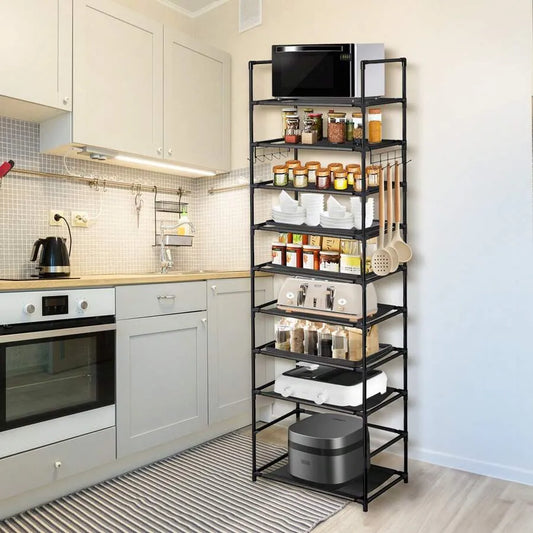 10-Tier Adjustable Metal Kitchen Organizer Shelf, Space-Saving Pantry Storage Rack with Hooks for Spices & Cookware (Black)