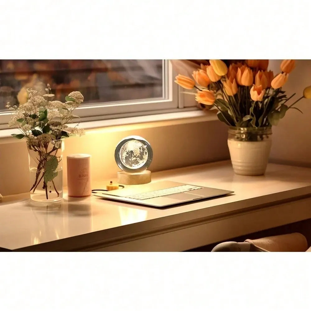 3D Moon Crystal Ball Lamp with LED Base Cosmic Orb Night Light Galaxy Planet Home Bedroom Office Decoration Birthday Gift