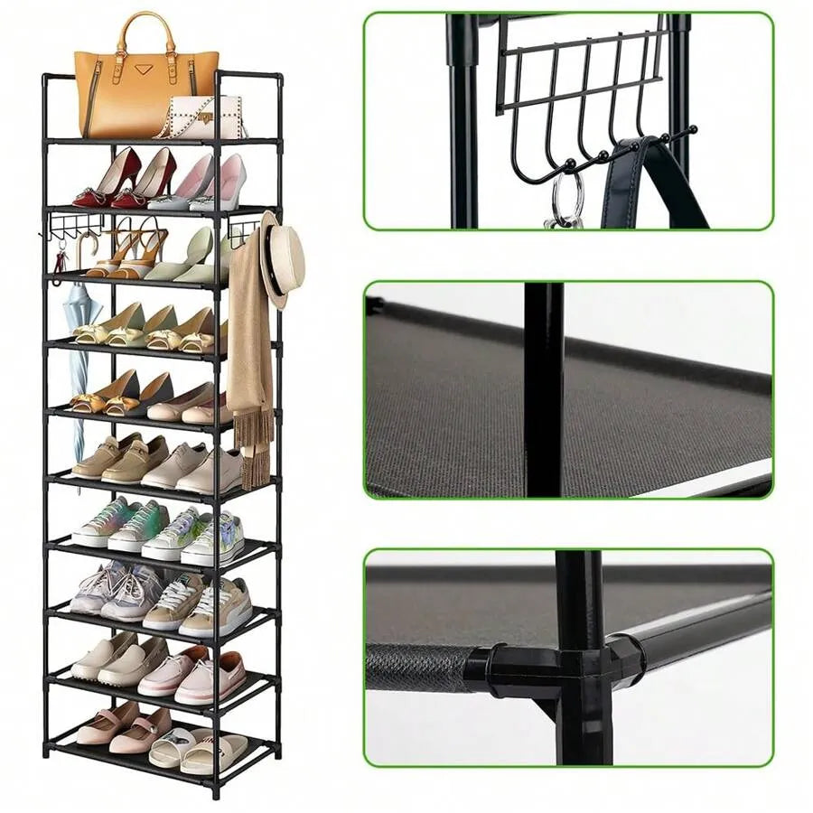 10-Tier Adjustable Metal Kitchen Organizer Shelf, Space-Saving Pantry Storage Rack with Hooks for Spices & Cookware (Black)