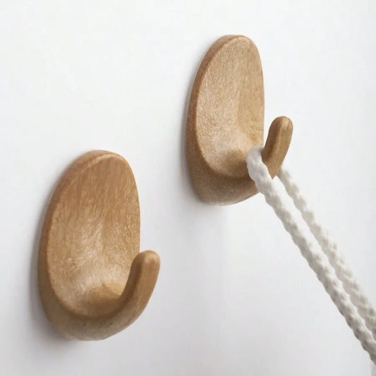 4pcs/8pcs Oval Faux Wood Adhesive Wall Hooks – No Drill, No Nail, Waterproof Plastic Wood Grain Hooks for Hanging Towels, Keys, and Decor