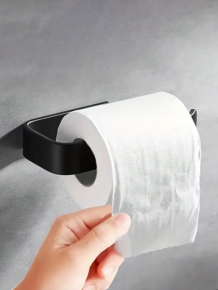 1pc Black Plastic Non-Perforated Toilet Paper Holder – Kitchen & Bathroom Paper Towel Storage Hanger, Space-Saving Wall Mount, Modern Bathroom Decor