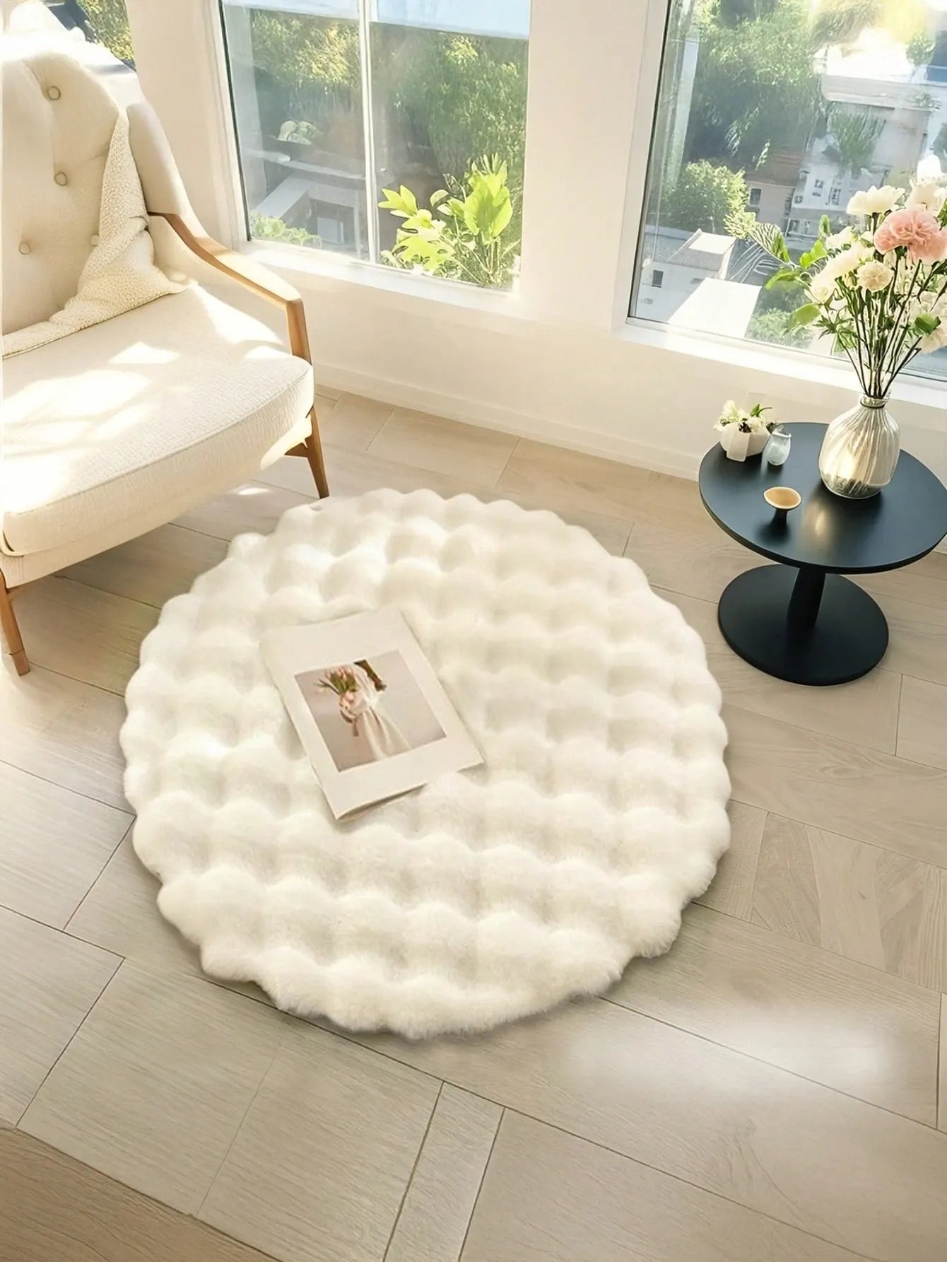 Cream White Bubble Velvet Carpet – Minimalist Wabi-Sabi Style Rug for Sofa, Bedroom, Living Room, Vanity, Chair | Spring New Arrival