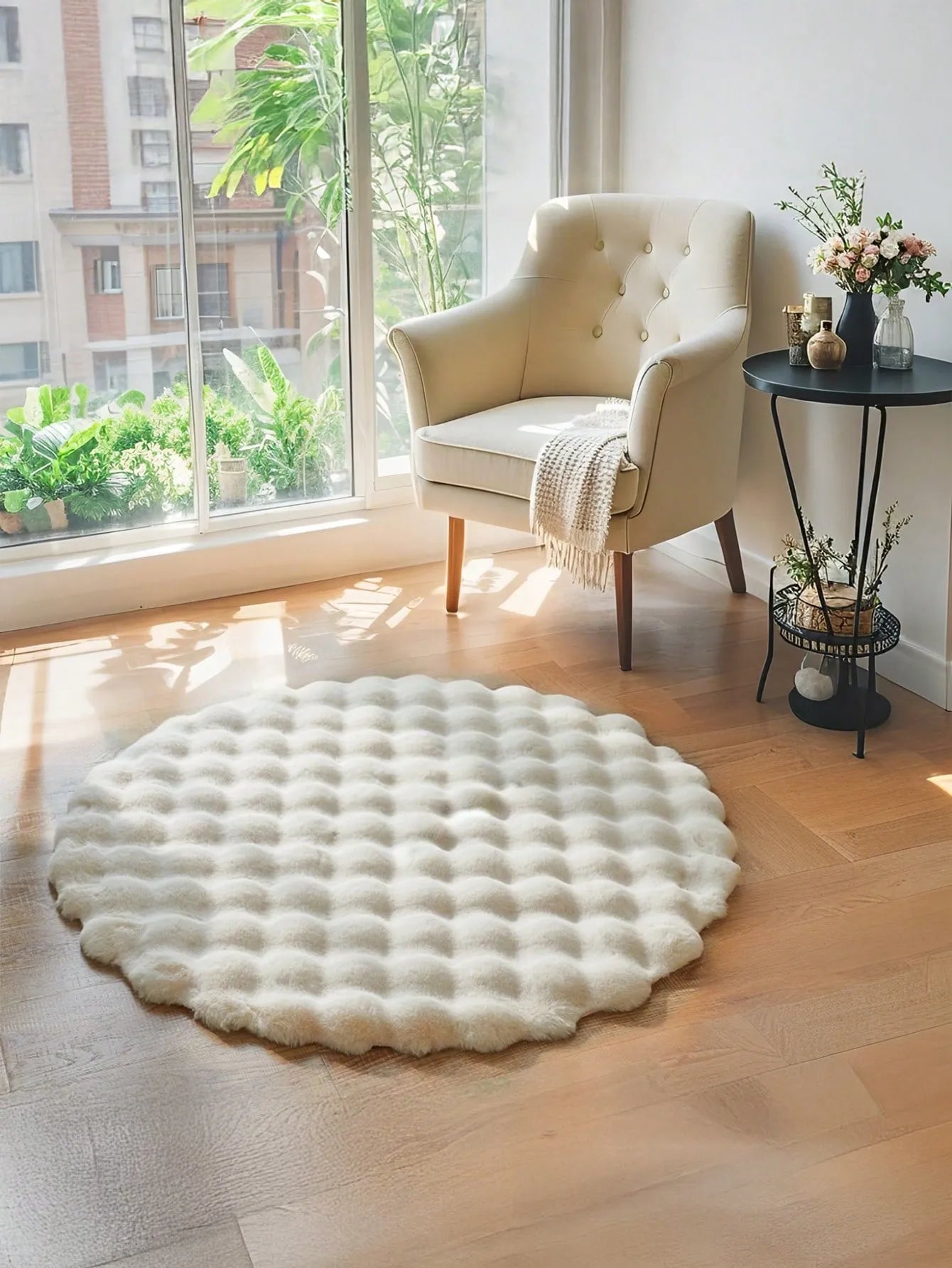 Cream White Bubble Velvet Carpet – Minimalist Wabi-Sabi Style Rug for Sofa, Bedroom, Living Room, Vanity, Chair | Spring New Arrival