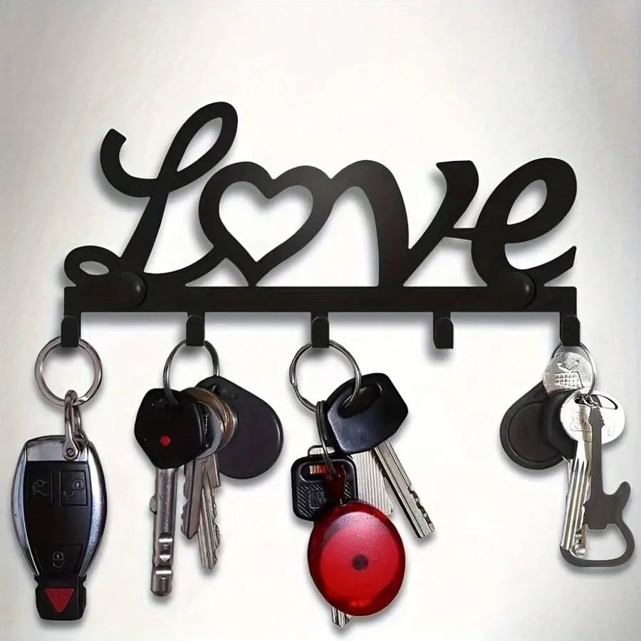 Black Metal "LOVE" Wall-Mounted Key Holder with 6 Hooks – Space-Saving Decorative Storage for Keys and Accessories, Perfect Home Organizer