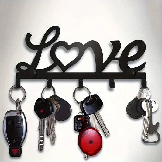 Black Metal "LOVE" Wall-Mounted Key Holder with 6 Hooks – Space-Saving Decorative Storage for Keys and Accessories, Perfect Home Organizer