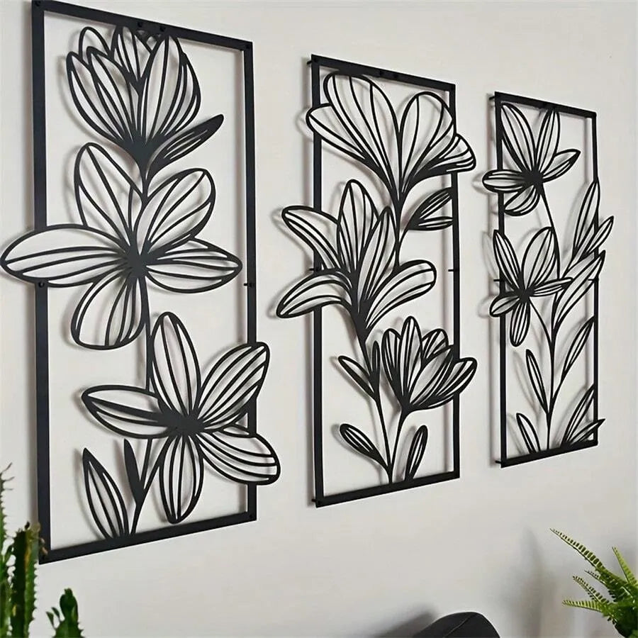 3-Piece Floral Metal Wall Art Set – Stylish Feather-Free Wall Hanging Decor for Living Room & Bedroom, Elegant Interior Accent, No Electricity Needed