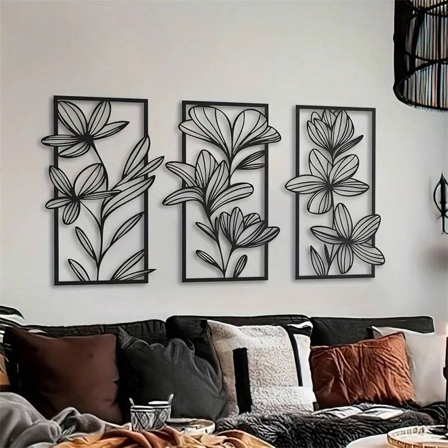 3-Piece Floral Metal Wall Art Set – Stylish Feather-Free Wall Hanging Decor for Living Room & Bedroom, Elegant Interior Accent, No Electricity Needed