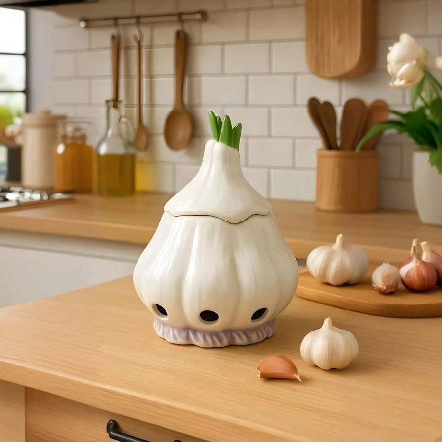 Ceramic Garlic & Onion Keeper Jar with Ventilation - Freshness Preserving Kitchen Storage Container for Countertop, Fridge & Pantry, Elegant Multi-Use Home Decor Gift