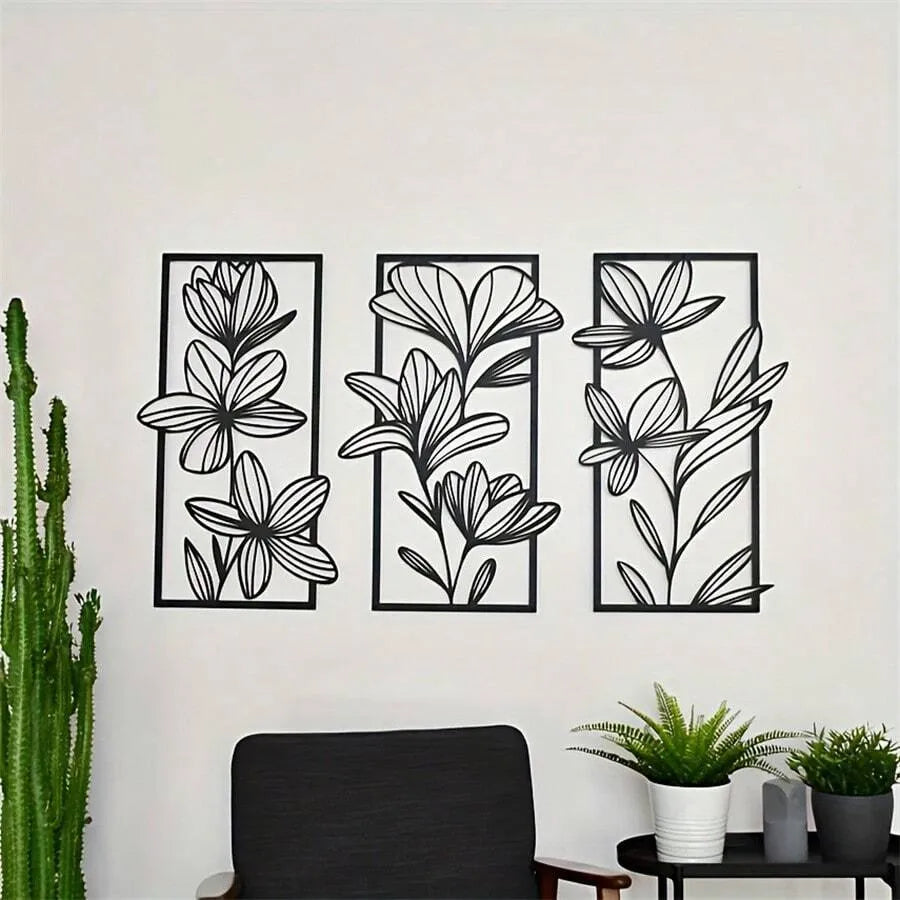 3-Piece Floral Metal Wall Art Set – Stylish Feather-Free Wall Hanging Decor for Living Room & Bedroom, Elegant Interior Accent, No Electricity Needed