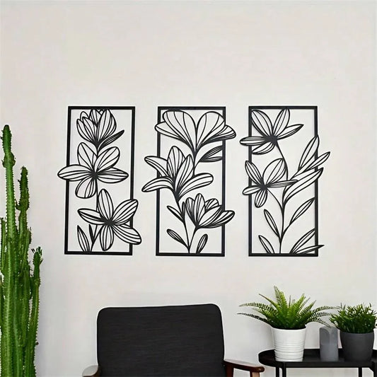 3-Piece Floral Metal Wall Art Set – Stylish Feather-Free Wall Hanging Decor for Living Room & Bedroom, Elegant Interior Accent, No Electricity Needed