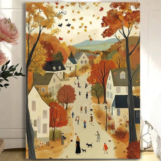 1PC Framed Fall Village Landscape Wall Art – Warm Tone Rustic Cottagecore Canvas, Vintage Cozy Aesthetic Poster for Farmhouse Decor