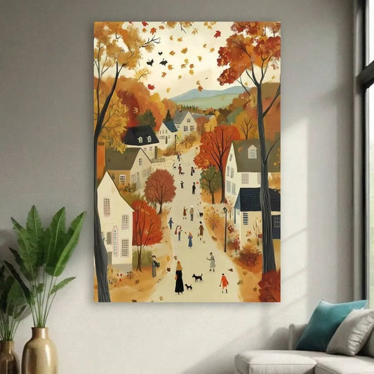 1PC Framed Fall Village Landscape Wall Art – Warm Tone Rustic Cottagecore Canvas, Vintage Cozy Aesthetic Poster for Farmhouse Decor